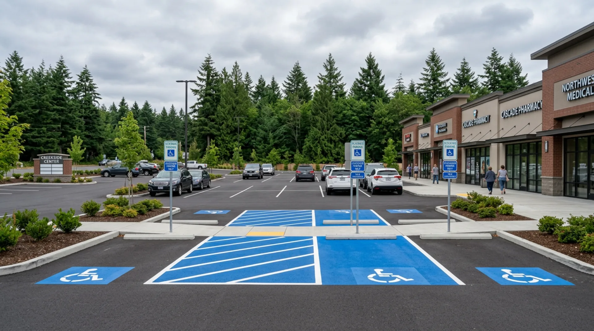 Well maintained ADA compliant commercial parking lot with clear striping and accessible signage in the Pacific Northwest