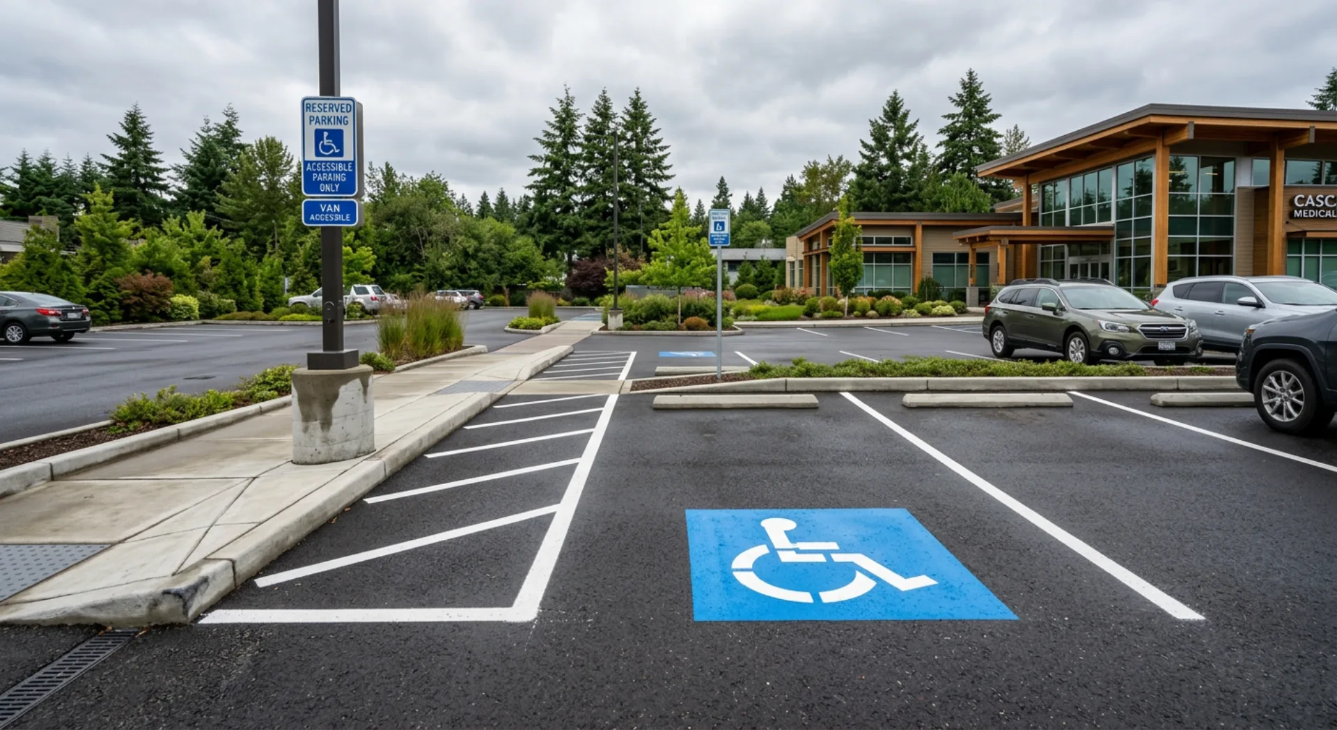 ADA compliant accessible parking space with proper signage and striping in a commercial parking lot