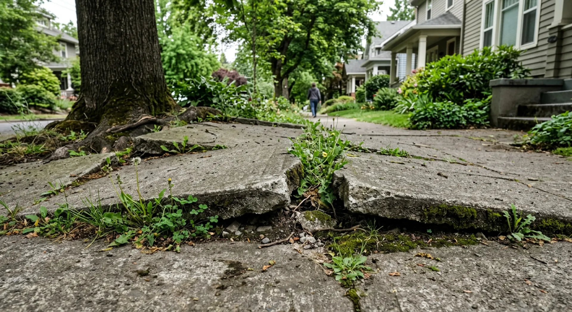 Cracked and damaged concrete sidewalk showing common signs of deterioration including heaving and surface damage