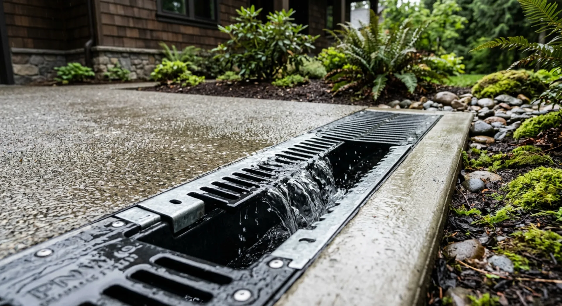 Trench drain installed along the edge of a concrete driveway collecting runoff