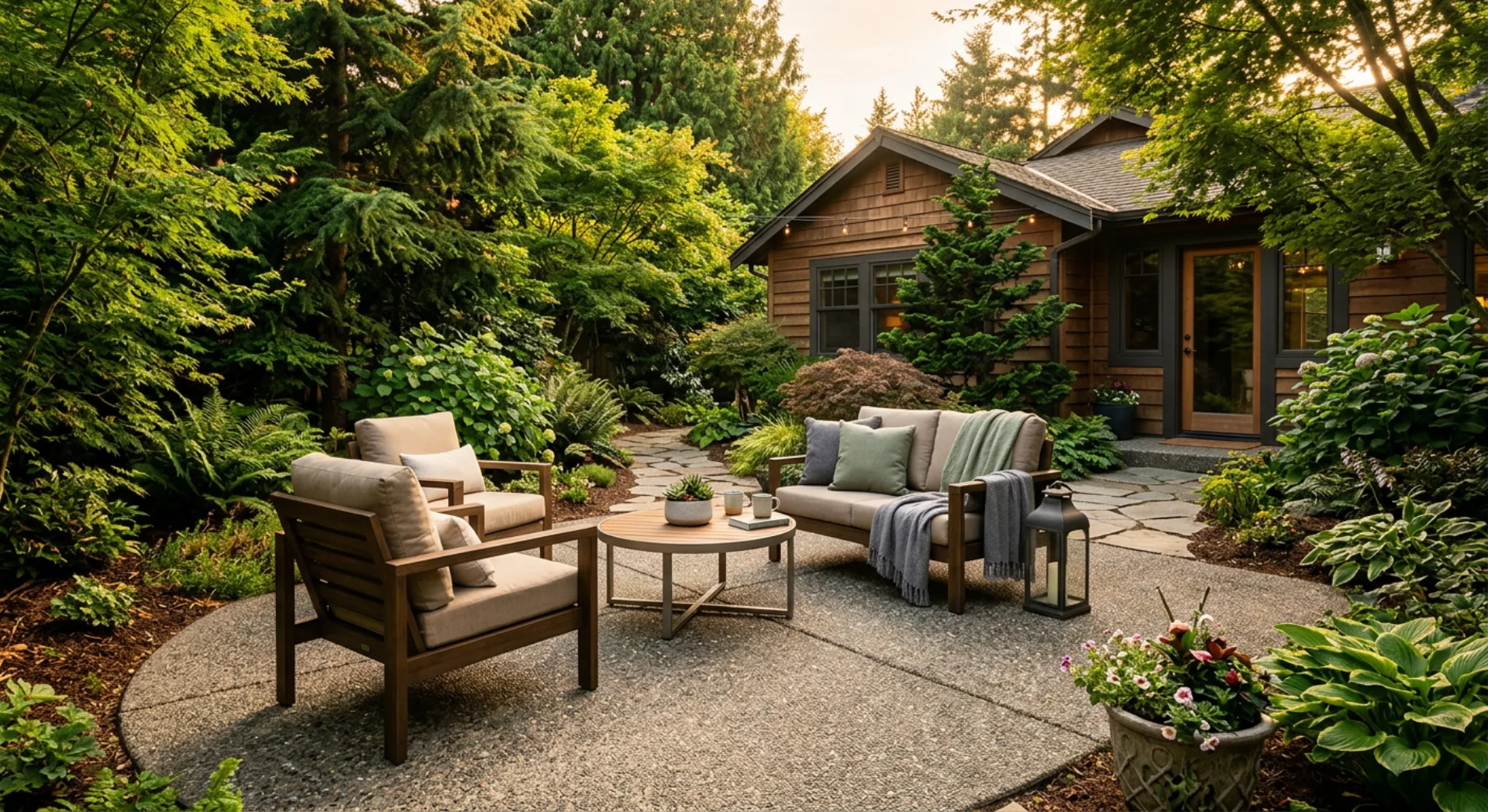 Exposed aggregate concrete patio in a Pacific Northwest backyard