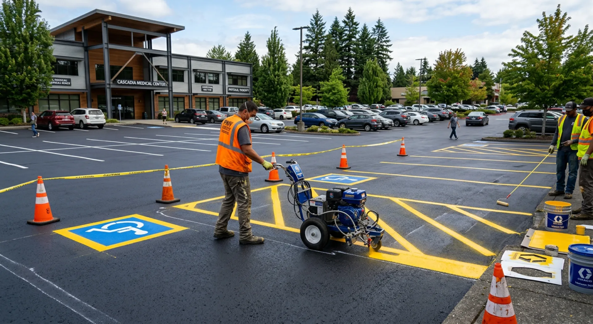 Fresh parking lot line striping on dark asphalt at a commercial property