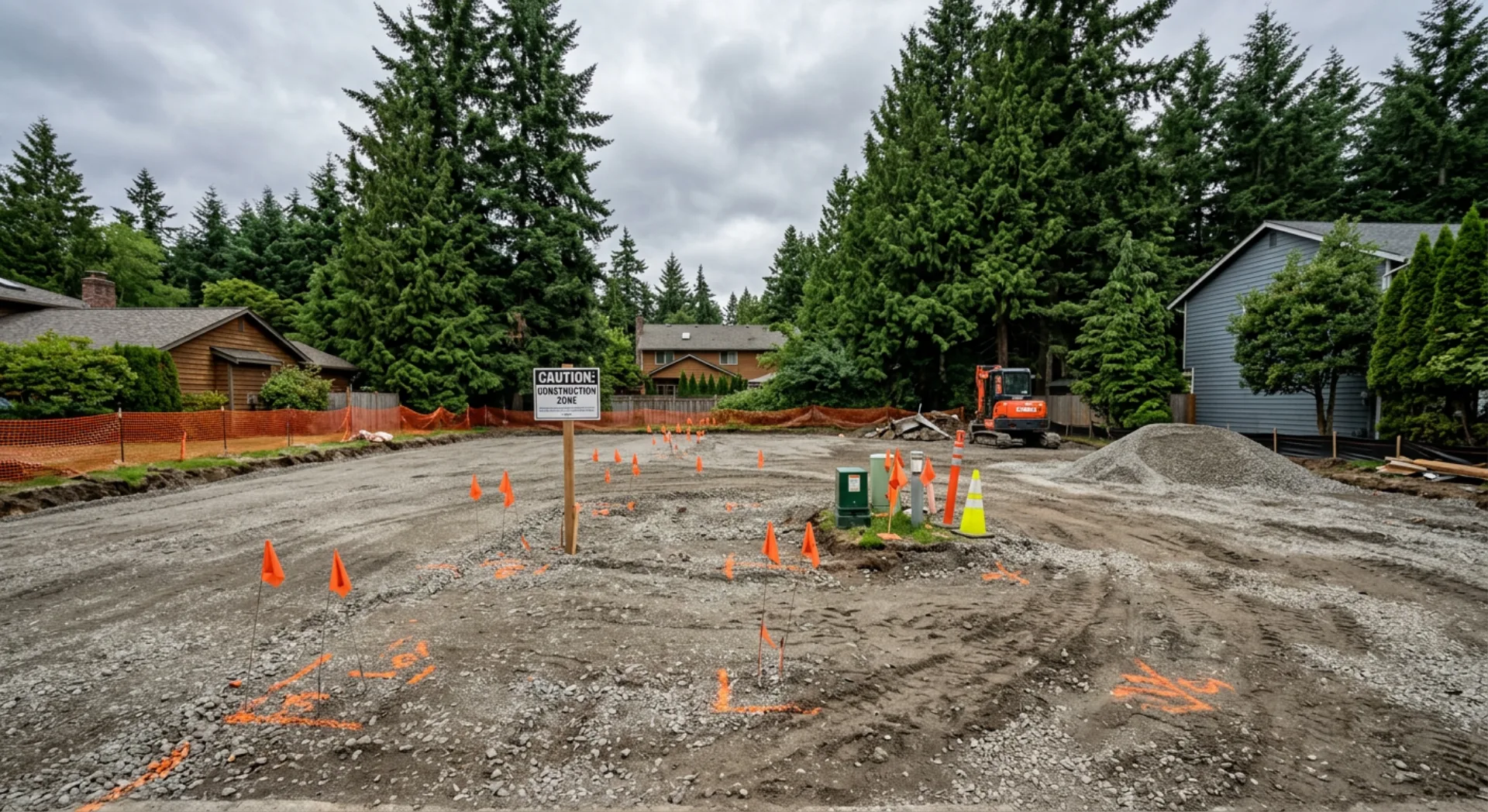 Property cleared and marked for asphalt paving preparation