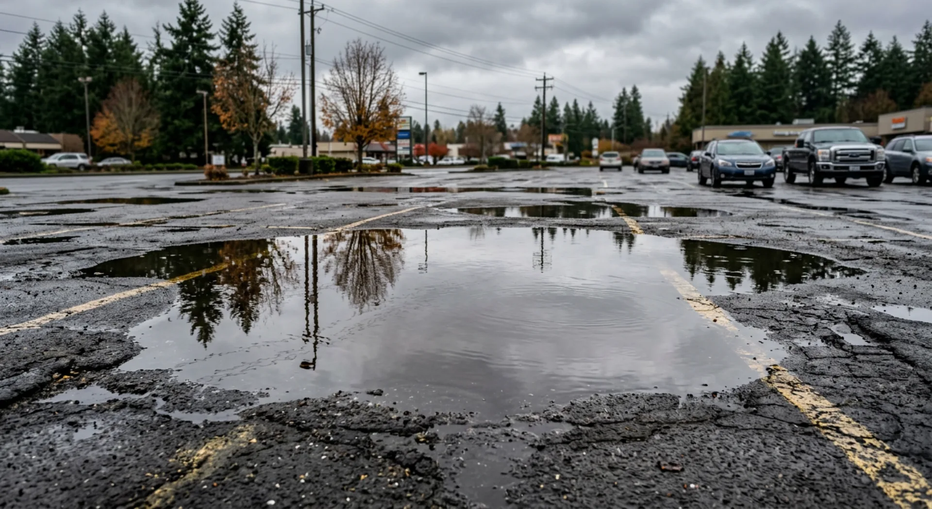 Standing water pooling on damaged parking lot