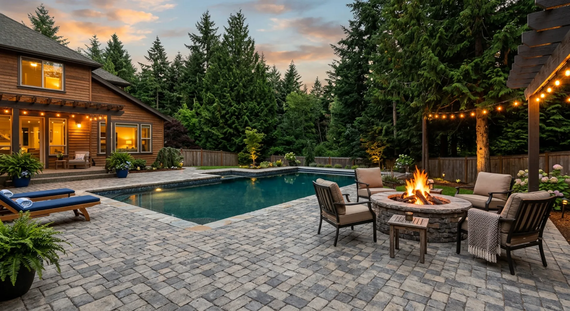Stamped concrete patio with a fire pit seating area surrounded by outdoor furniture and Pacific Northwest evergreen trees