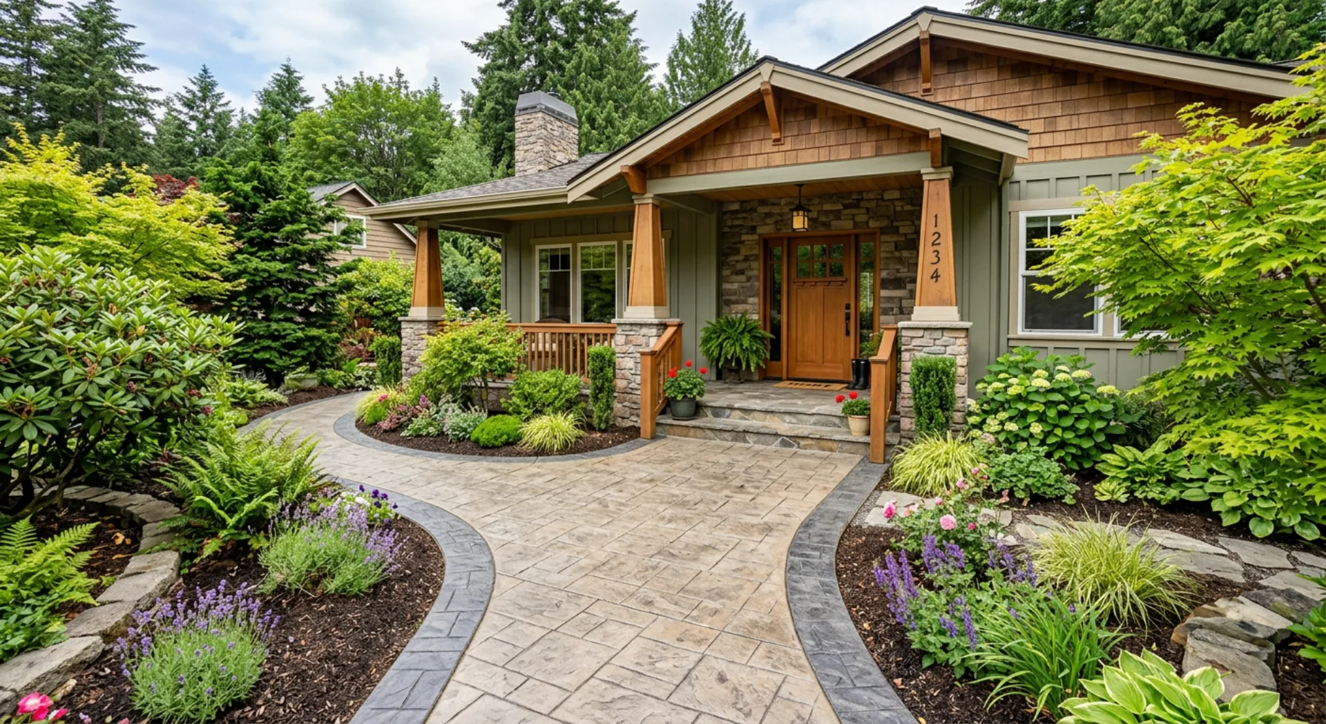 Stamped concrete walkway with decorative border leading to a craftsman home entrance with lush landscaping