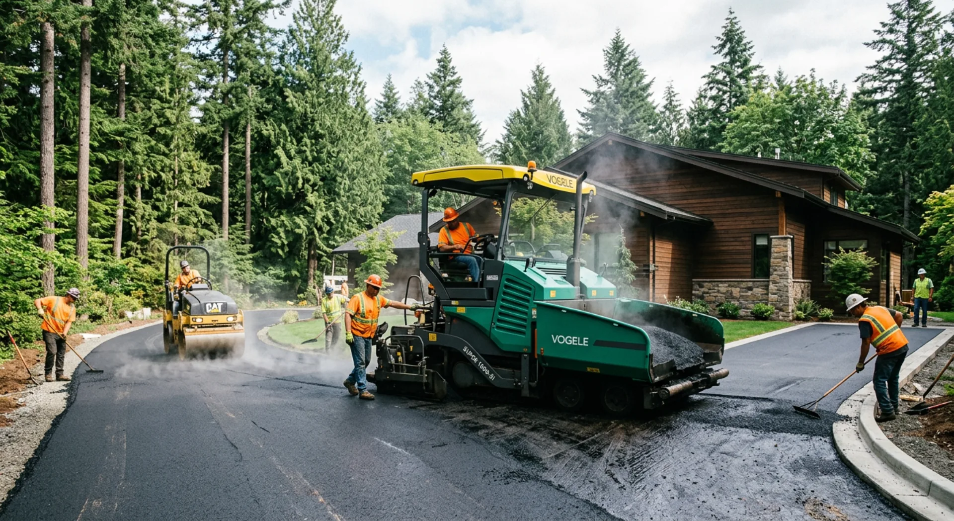 Professional crew laying fresh asphalt on a residential driveway