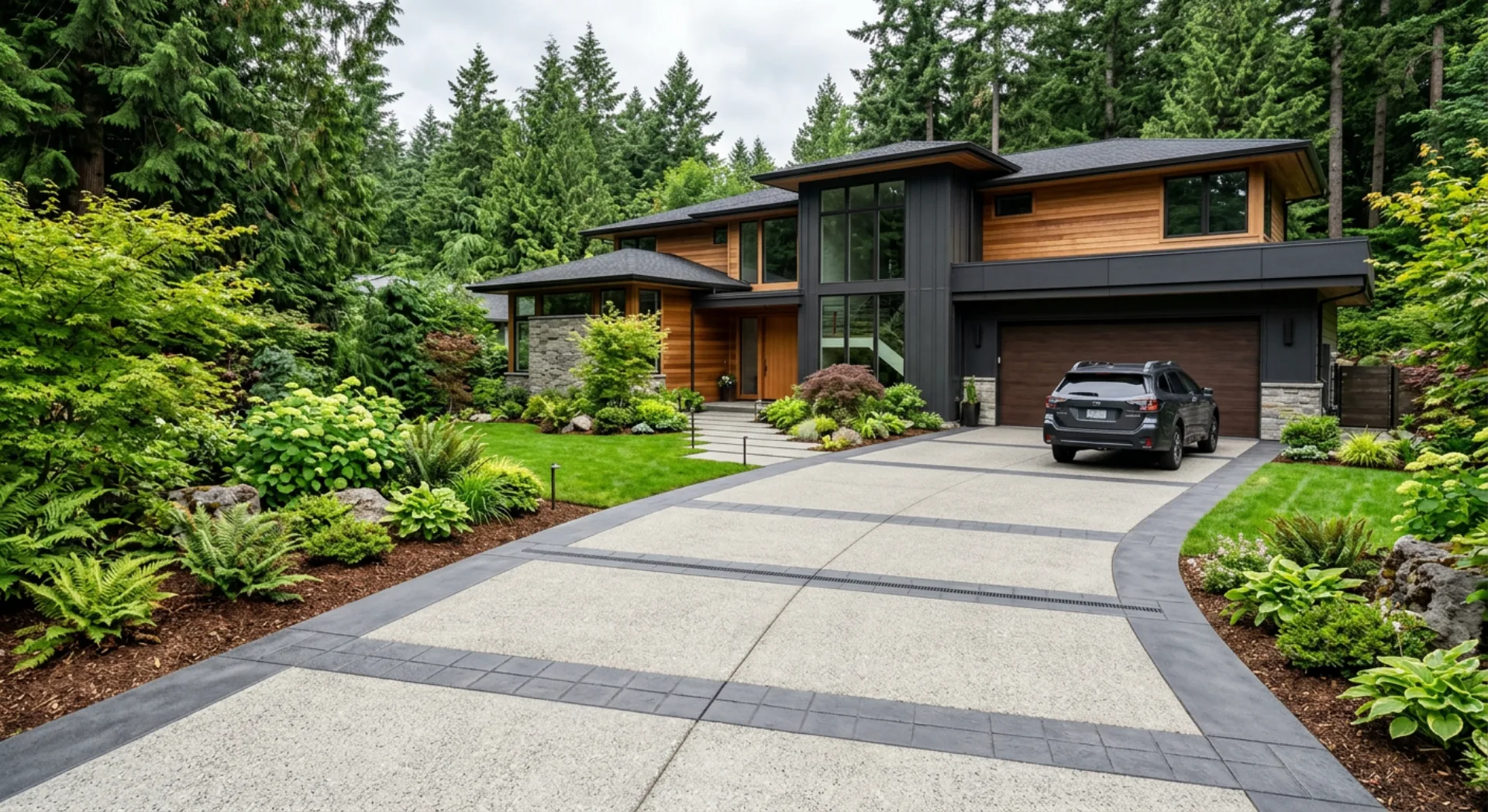 A finished concrete driveway with clean edges and proper drainage at a Pacific Northwest home