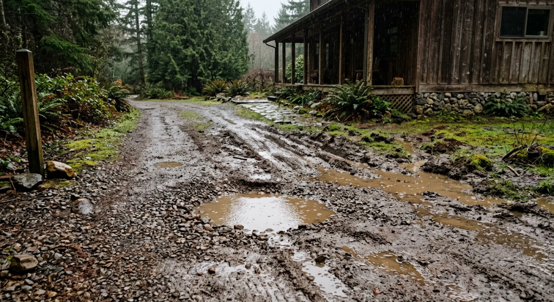 A deteriorating gravel driveway showing common problems like ruts and drainage issues